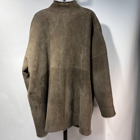 ESKANDAR Dark Olive Suede Leather Shearling Stand Collar Coat 0 - Picture 4 of 9